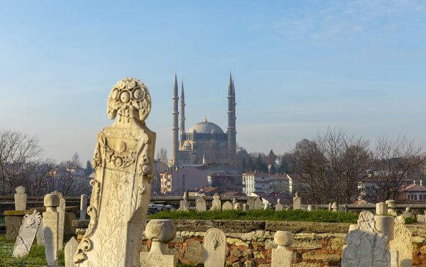 Edirne, Turkey, December 23, 2021:  Selimiye mosque, biggest muslim worship temple in Europe, in the centre of Edirne, Turkey.