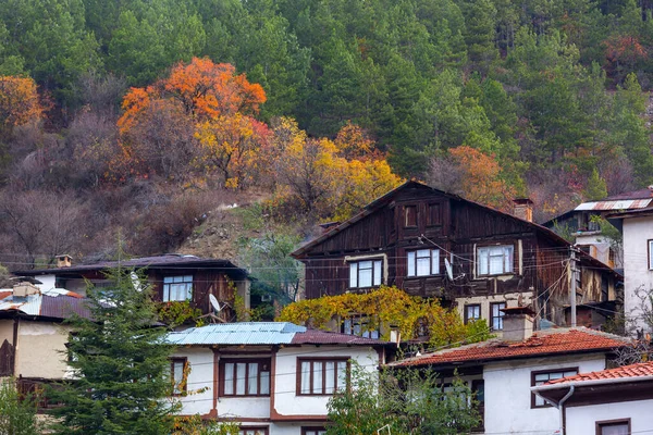 Histórico Velho Branco Pequenas Casas Madeira Mudurnu Entre Montanhas Árvores — Fotografia de Stock