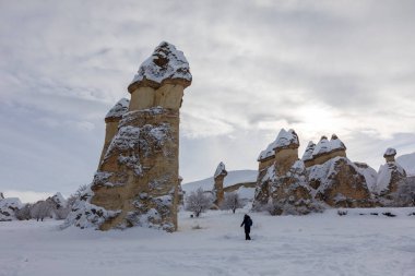 Pigeon Valley and Cave town in Goreme during winter time. Cappadocia, Turkey. 