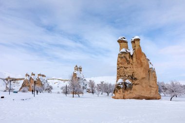 Pigeon Valley and Cave town in Goreme during winter time. Cappadocia, Turkey. 