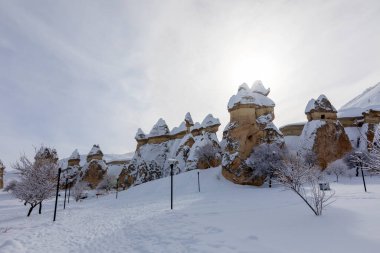 Pigeon Valley and Cave town in Goreme during winter time. Cappadocia, Turkey. 