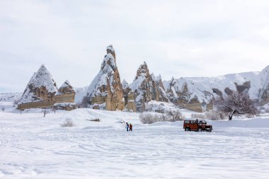 Pigeon Valley and Cave town in Goreme during winter time. Cappadocia, Turkey. 
