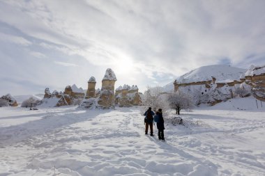 Pigeon Valley and Cave town in Goreme during winter time. Cappadocia, Turkey. 