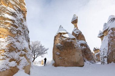 Pigeon Valley and Cave town in Goreme during winter time. Cappadocia, Turkey. 