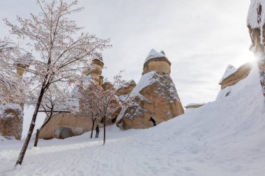 Pigeon Valley and Cave town in Goreme during winter time. Cappadocia, Turkey. 