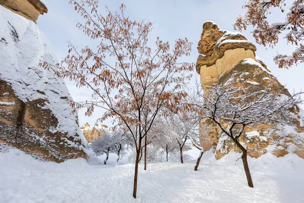Голубиная Долина Пещерный Город Гореме Зимнее Время Каппадокия — стоковое фото