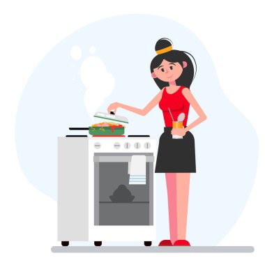 Kız ocakta yemek hazırlıyor. Yemek pişirme süreci. Yemek yaparken tavada makarna. Düz biçimli vektör illüstrasyonu.