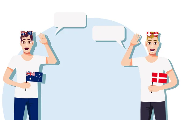 拿着澳大利亚和丹麦国旗的男人国际交流 商业的概念 澳大利亚和丹麦之间的对话 矢量说明 — 图库矢量图片