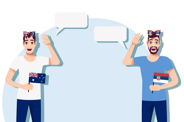 拿着澳大利亚和塞尔维亚国旗的男人国际交流 商业的概念 澳大利亚和塞尔维亚之间的对话 矢量说明 — 图库矢量图片