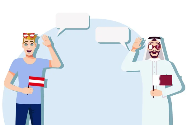 Mannen Met Oostenrijkse Qatari Vlaggen Achtergrond Van Tekst Communicatie Tussen — Stockvector