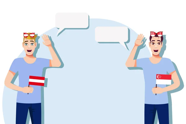 Mannen Met Oostenrijkse Singapore Vlaggen Achtergrond Voor Tekst Communicatie Tussen — Stockvector
