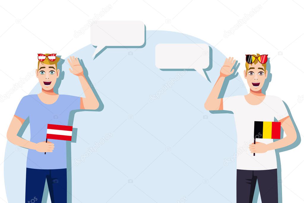 The concept of international communication, sports, education, business between Austria and Belgium. Men with Austrian and Belgian flags. Vector illustration.