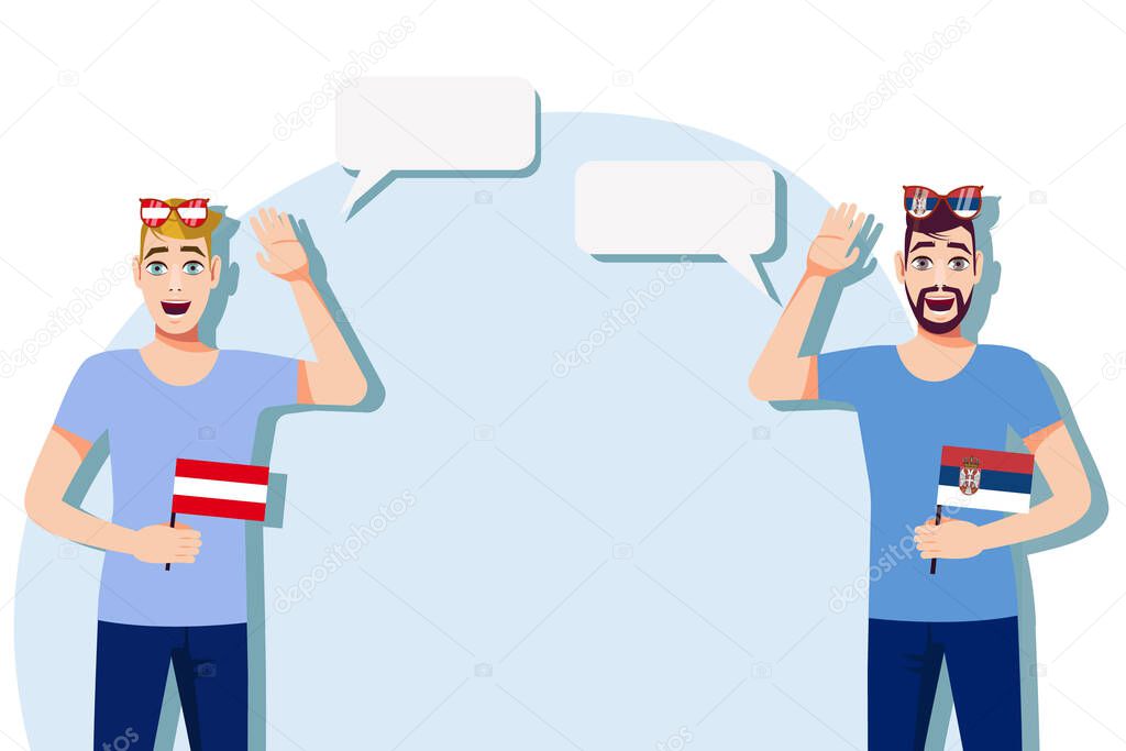 Vector illustration of people speaking the languages of Austria and  Serbia. Illustration of translation, transcription and dialogue between Austria and Serbia. Austrian and Serbian international communication.