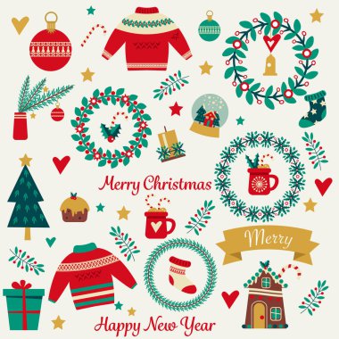 Noel tatili şirin unsurları ayarlandı. Kağıtlar, çıkartmalar, kıyafetler ve dekorasyon için güzel bir yazı. Noel çelenkleri, ağaç, zencefilli kurabiye evi, çoraplar, kazaklar, sıcak çikolata, ağaç süslemeleri. Vektör İllüstrasyonu.