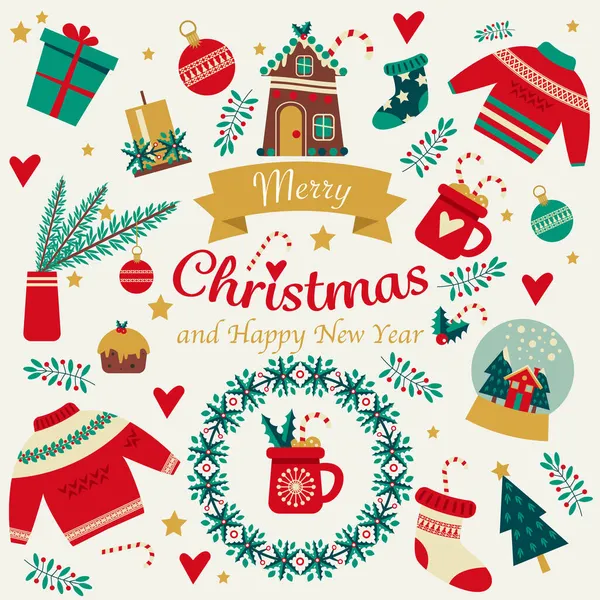 Σύνολο Χριστουγεννιάτικων Στοιχείων Κείμενο Χαριτωμένη Διανυσματική Απεικόνιση Επίπεδο Στυλ Χριστουγεννιάτικο — Διανυσματικό Αρχείο