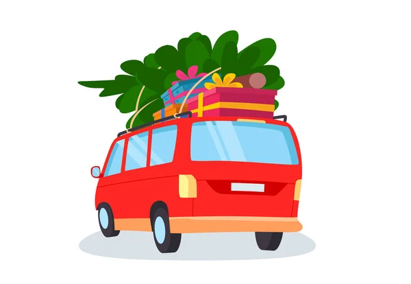Αυτοκίνητο Δώρα Και Χριστουγεννιάτικο Δέντρο Ένα Χαριτωμένο Κόκκινο Φορτηγάκι Επίπεδη — Διανυσματικό Αρχείο