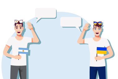 Men with Argentine and Ukrainian flags. Background for the text. The concept of sports, political, education, travel and business relations between Argentina and Ukraine. Vector illustration. clipart