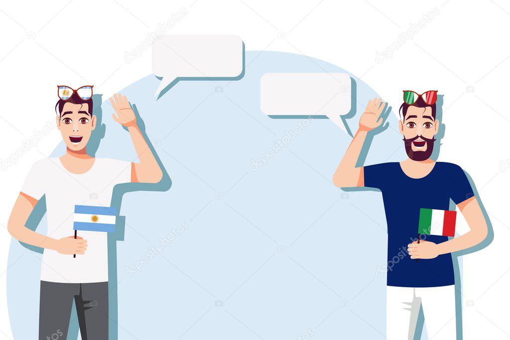The concept of international communication, sports, education, business between Argentina and Italy. Men with Argentine and Italian  flags. Vector illustration.
