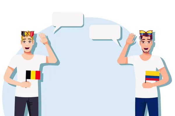拿比利时和哥伦比亚国旗的男人案文的背景 比利时和哥伦比亚母语人士之间的交流 矢量说明 — 图库矢量图片