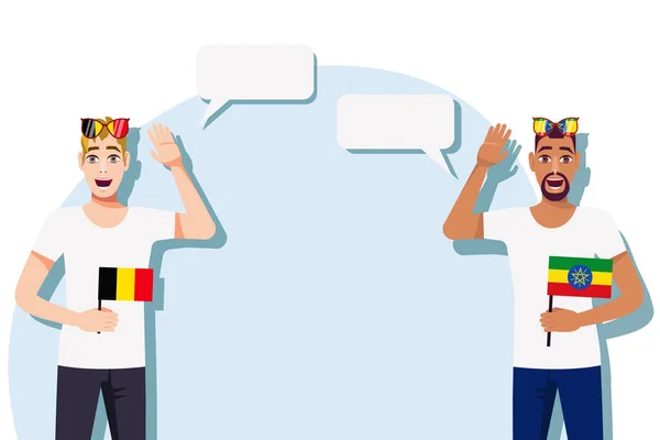 拿比利时和埃塞俄比亚国旗的男人案文的背景 比利时与埃塞俄比亚之间体育 旅行和商业关系的概念 矢量说明 — 图库矢量图片