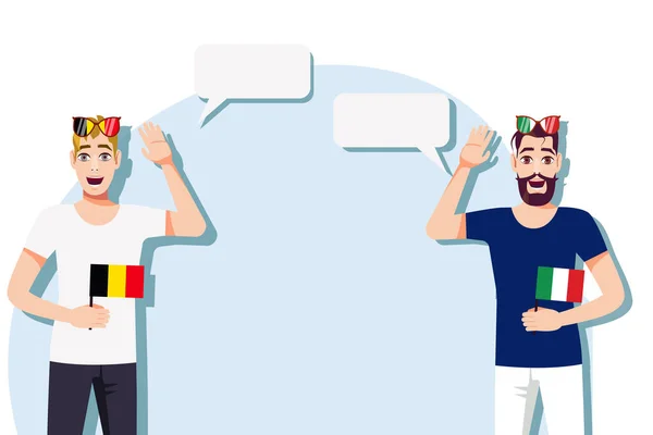 Mannen Met Belgische Italiaanse Vlaggen Achtergrond Van Tekst Communicatie Tussen — Stockvector