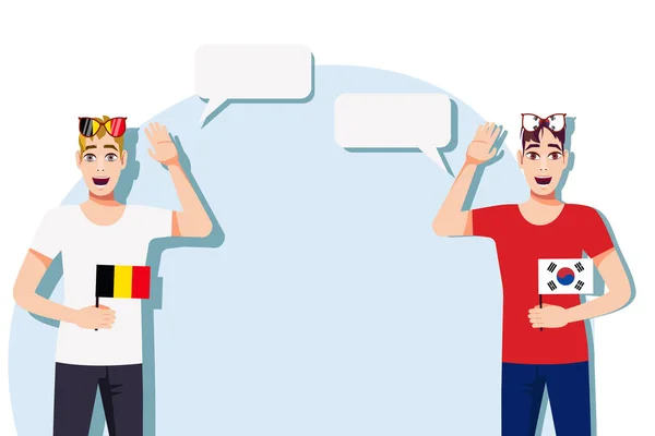 Muži Belgickou Jihokorejskou Vlajkou Pozadí Textu Komunikace Mezi Rodilými Mluvčími — Stockový vektor