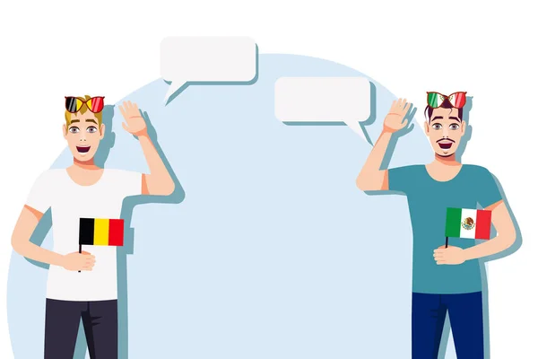 Wektorowa Ilustracja Ludzi Mówiących Językami Belgii Meksyku Ilustracja Tłumaczeń Transkrypcji — Wektor stockowy