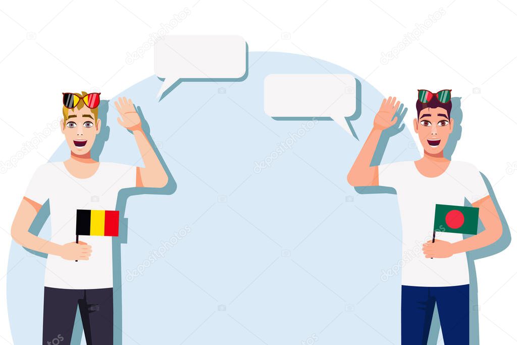 The concept of international communication, sports, education, business between Belgium and Bangladesh. Men with Belgian and Bangladeshi flags. Vector illustration.
