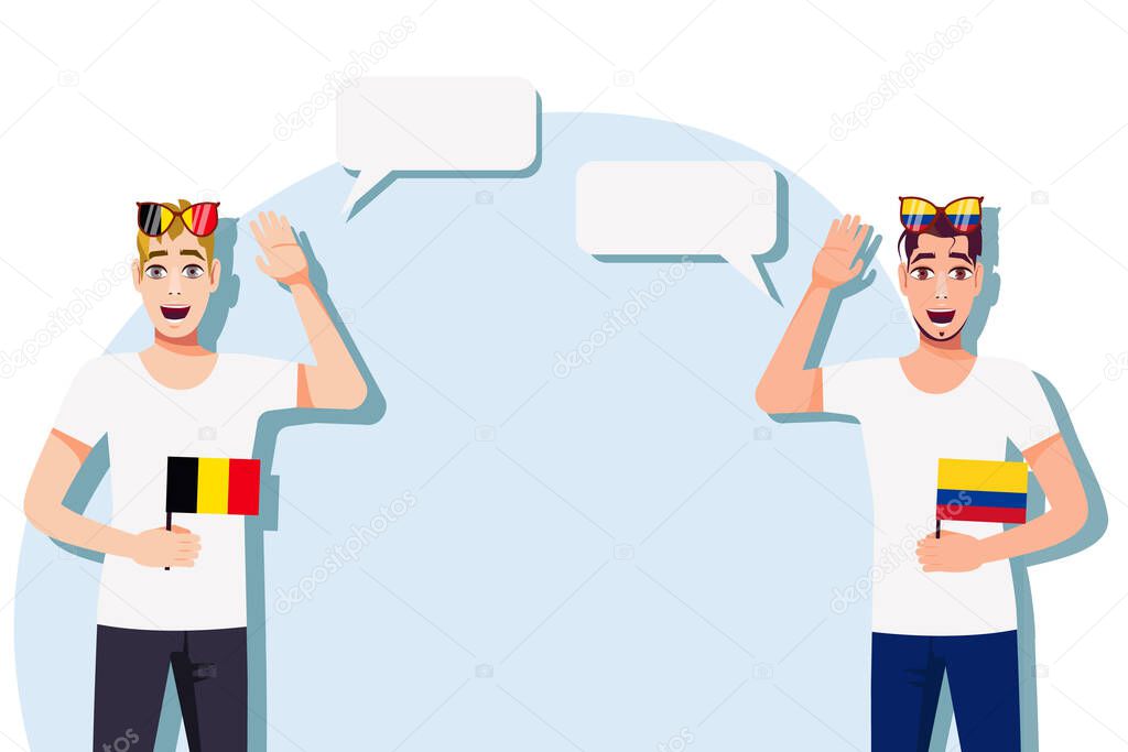 Men with Belgian and Colombian flags. Background for text. Communication between native speakers of Belgium and Colombia. Vector illustration.
