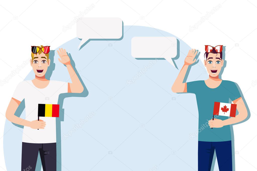 The concept of international communication, sports, education, business between Belgium and Canada. Men with Belgian and Canadian flags. Vector illustration.