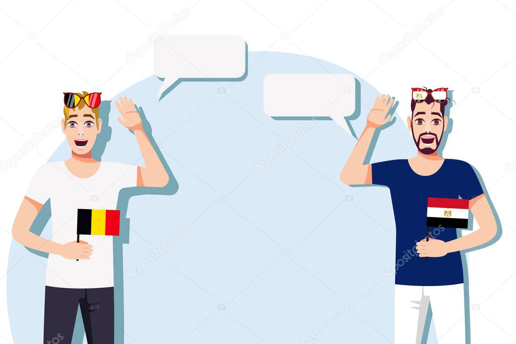 The concept of international communication, sports, education, business between Belgium and Egypt. Men with Belgian and Egyptian flags. Vector illustration.
