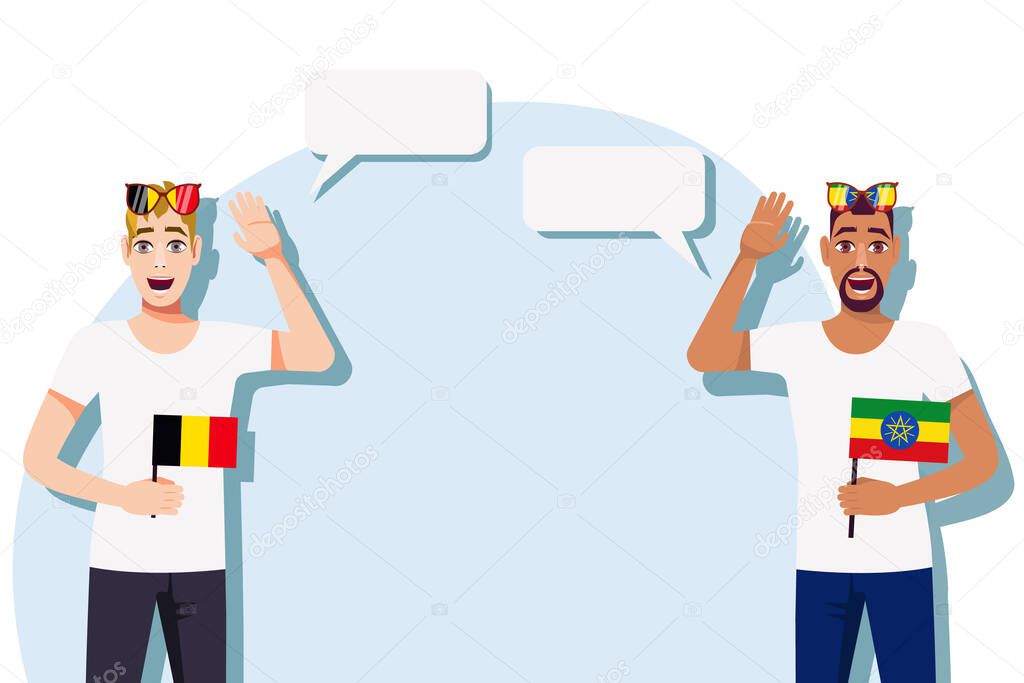 Men with Belgian and Ethiopian flags. Background for the text. The concept of sports, political, education, travel and business relations between Belgium and Ethiopia. Vector illustration.