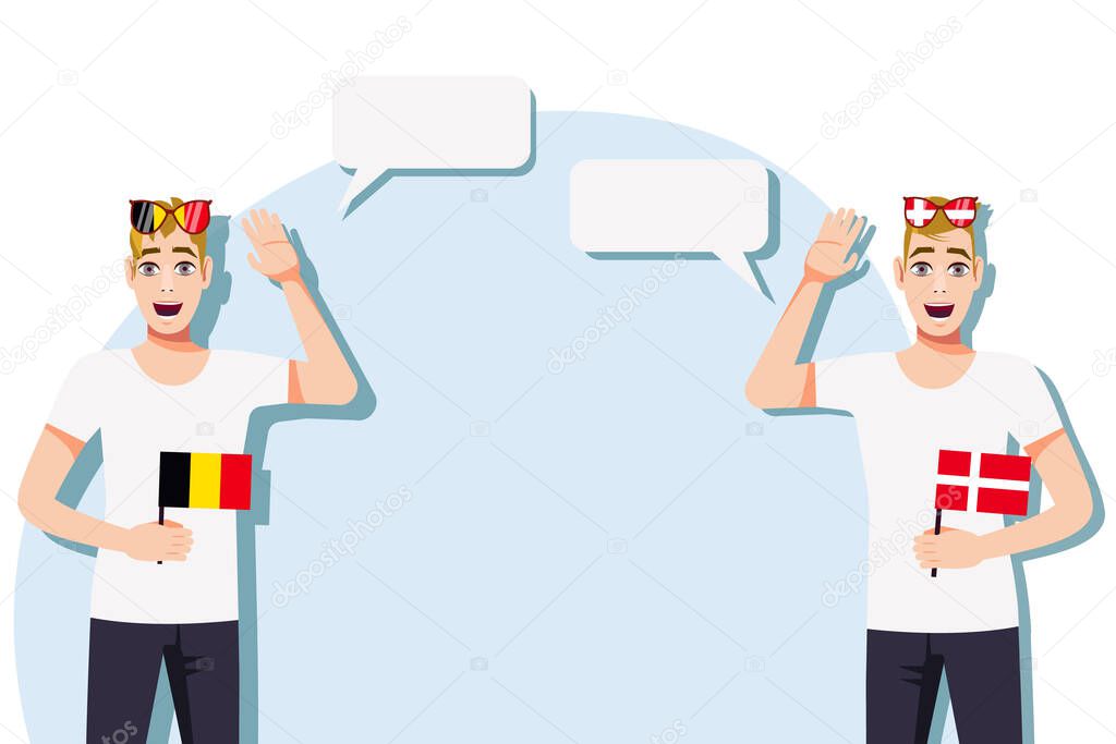 Vector illustration of people speaking the languages of Belgium and Denmark. Illustration of translation, transcription and dialogue between Belgium and Denmark. Belgian and Danish international communication.