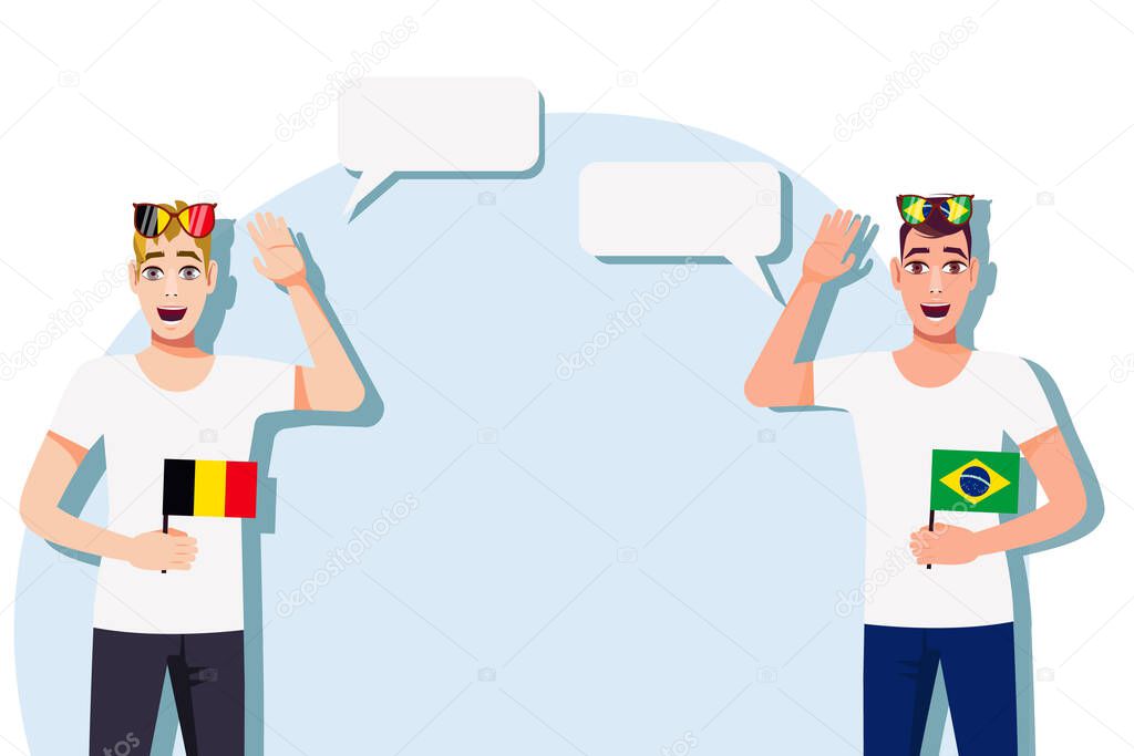Men with Belgian and Brazilian flags. The concept of international communication, education, sports, travel, business. Dialogue between Belgium and Brazil. Vector illustration.