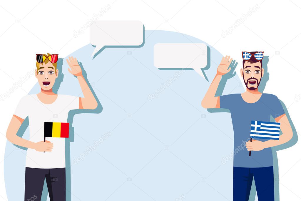 Men with Belgian and Greek flags. Background for the text. The concept of sports, political, education, travel and business relations between Belgium and Greece. Vector illustration.