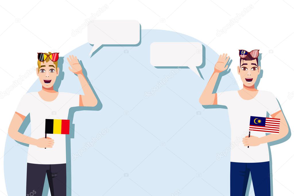 Men with Belgian and Malaysian flags. Background for the text. The concept of sports, political, education, travel and business relations between Belgium and Malaysia. Vector illustration.