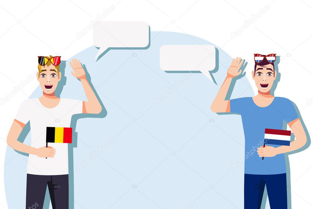 The concept of international communication, sports, education, business between Belgium and the Netherlands. Men with Belgian and Dutch flags. Vector illustration.