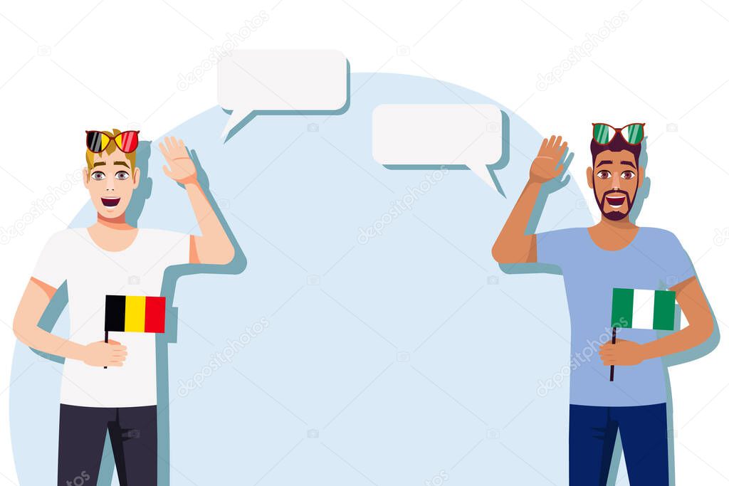Men with Belgian and Nigerian flags. Background for the text. Communication between native speakers of the language. Vector illustration.