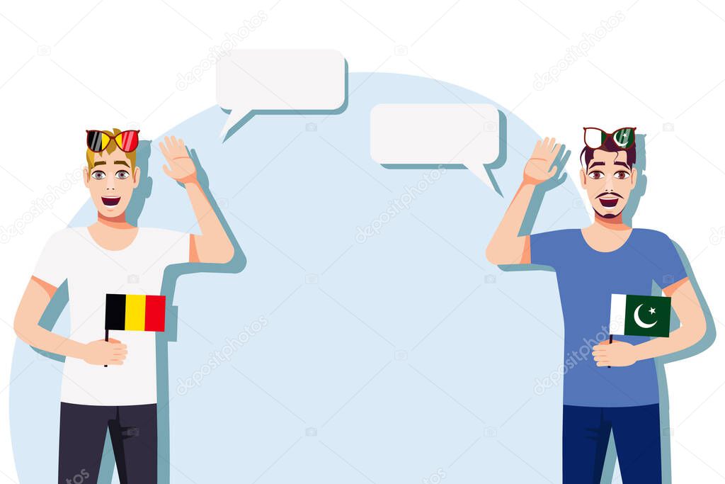 Men with Belgian and Pakistani flags. Background for the text. Communication between native speakers of the language. Vector illustration.