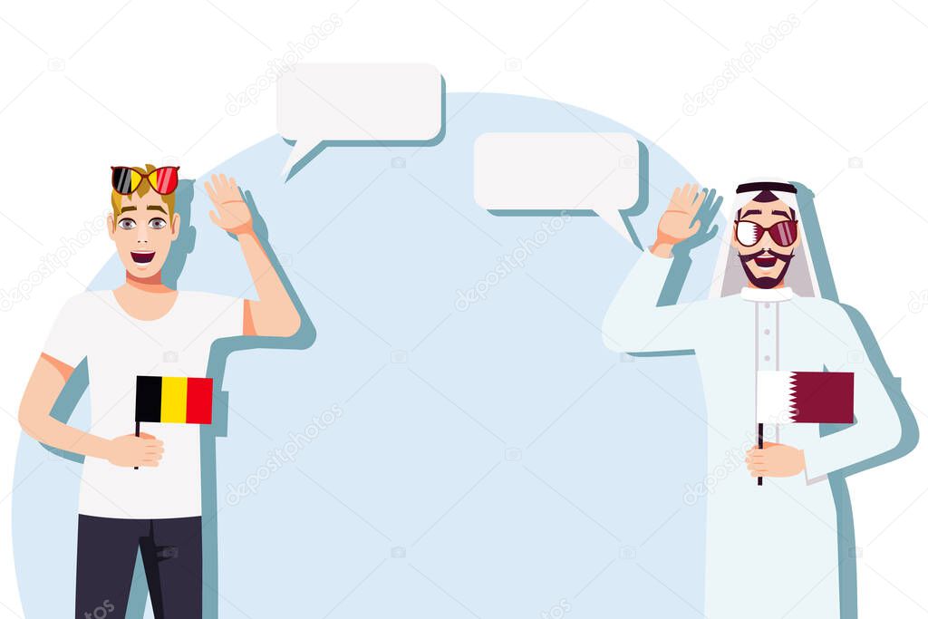 Men with Belgian and Qatari flags. Background for the text. The concept of sports, political, education, travel and business relations between Belgium and Qatar. Vector illustration.