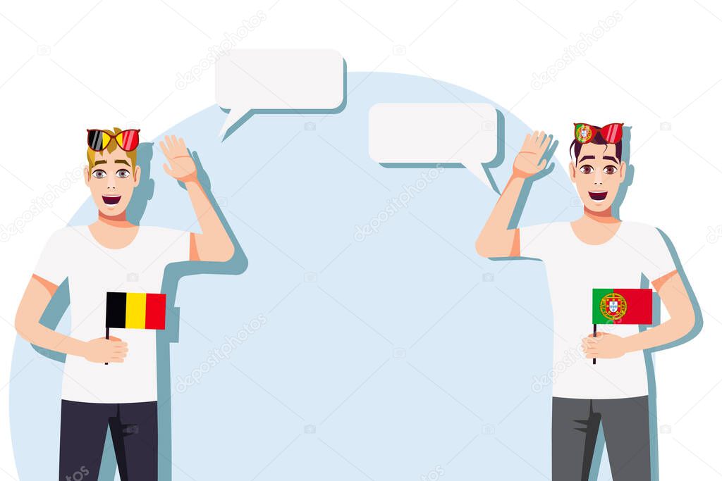 Men with Belgian and Portuguese flags. The concept of international communication, education, sports, travel, business. Dialogue between Belgium and Portugal. Vector illustration.