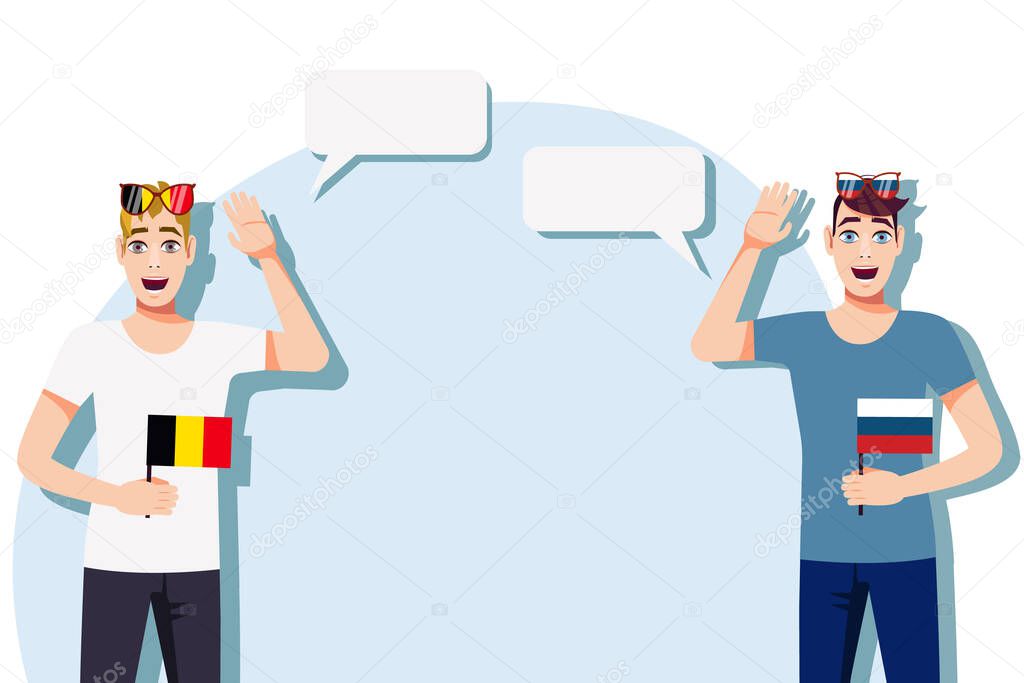 Men with Belgian and Russian flags. Background for text. Communication between native speakers of Belgium and Russia. Vector illustration.