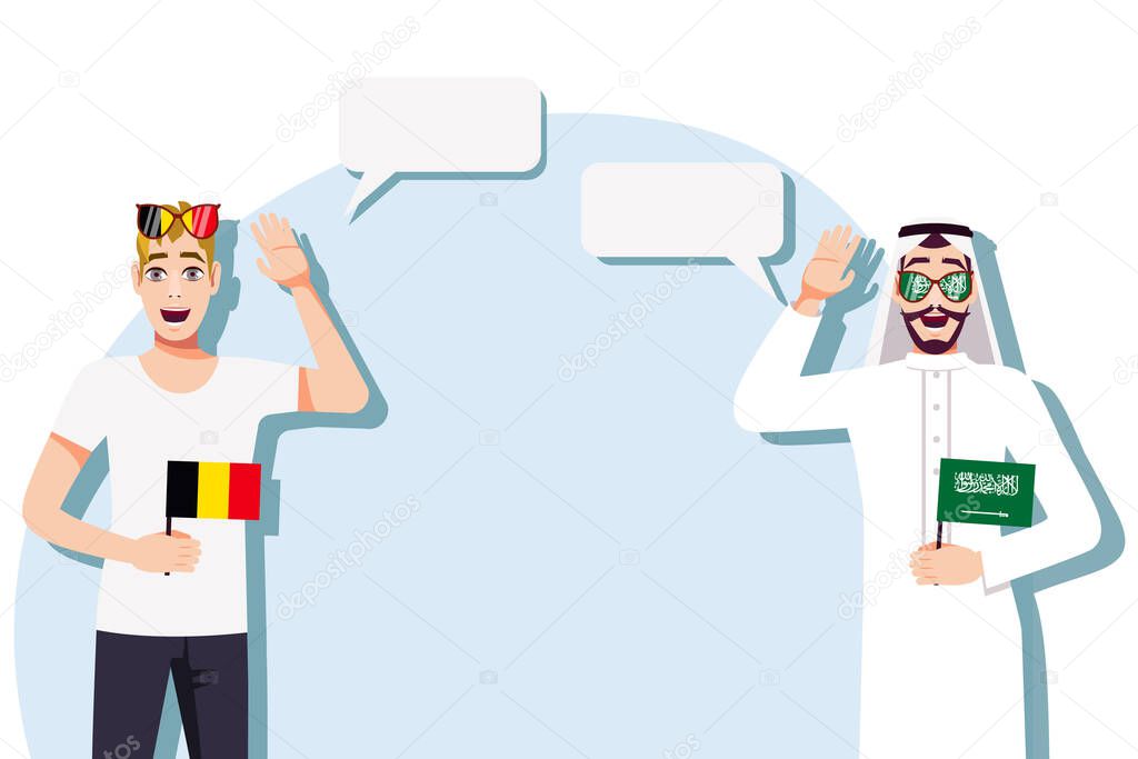 Vector illustration of people speaking the languages of Belgium and Saudi Arabia. Illustration of translation, transcription and dialogue between Belgium and Saudi Arabia. Belgian and Saudi international communication.