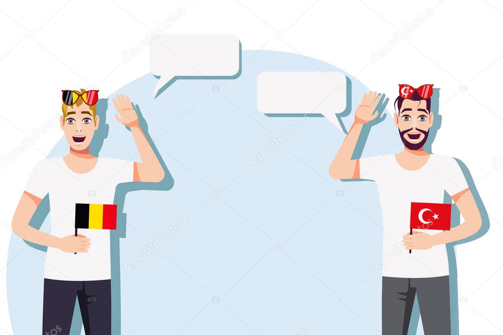 Men with Belgian and Turkish flags. Background for the text. The concept of sports, political, education, travel and business relations between Belgium and Turkey. Vector illustration.