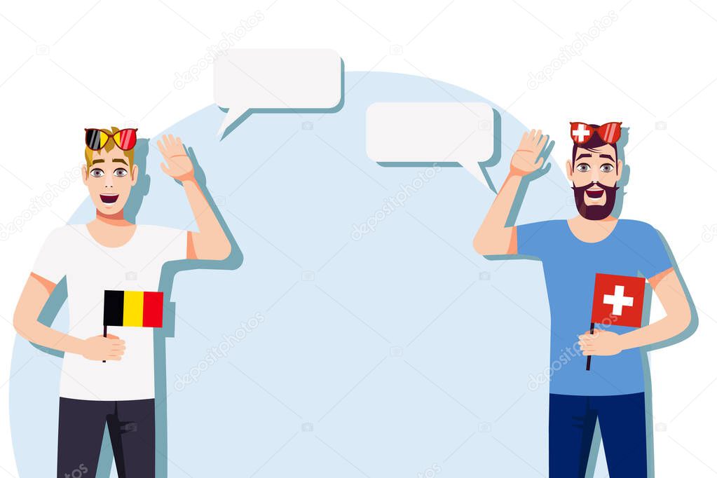 Men with Belgian and Swiss flags. Background for the text. The concept of sports, political, education, travel and business relations between Belgium and Switzerland. Vector illustration.