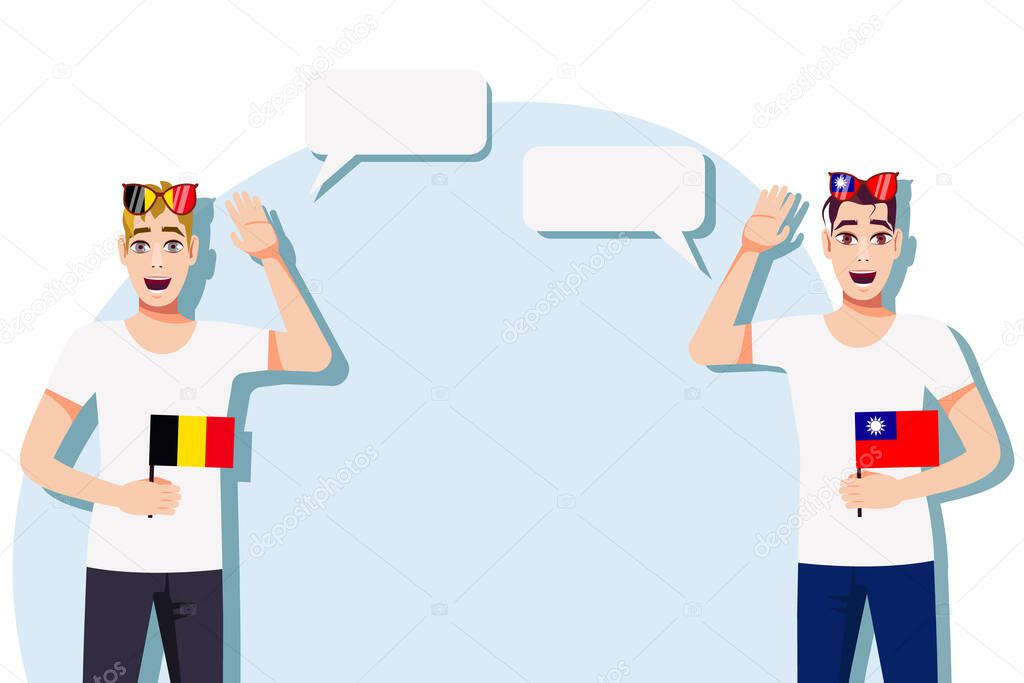 Men with Belgian and Taiwan flags. The concept of international communication, education, sports, travel, business. Dialogue between Belgium and Taiwan. Vector illustration.