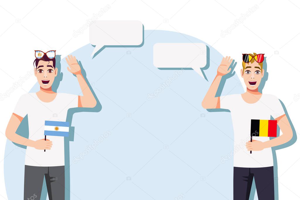 Men with Argentine and Belgian flags. Background for the text. Communication between native speakers of the language. Vector illustration.