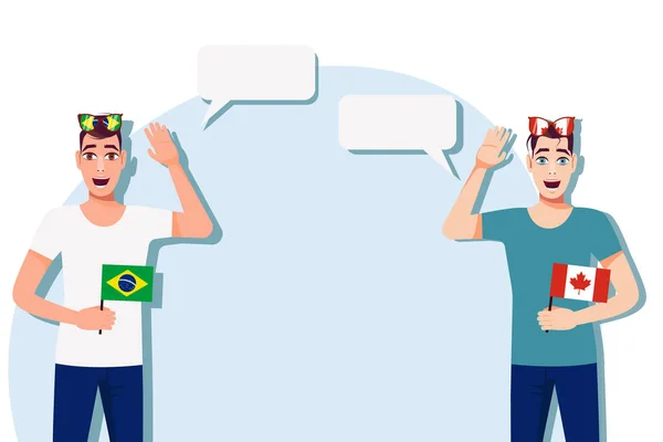 ブラジルとカナダの旗を持つ男性 テキストの背景 言語の母語話者間のコミュニケーション ベクターイラスト — ストックベクタ