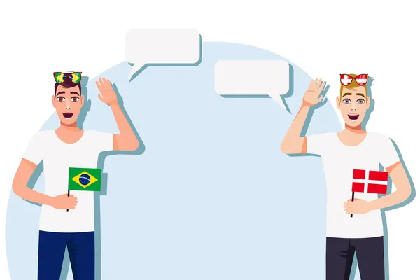 巴西和丹麦之间的国际交流 商业概念 拿着巴西和丹麦国旗的男人矢量说明 — 图库矢量图片
