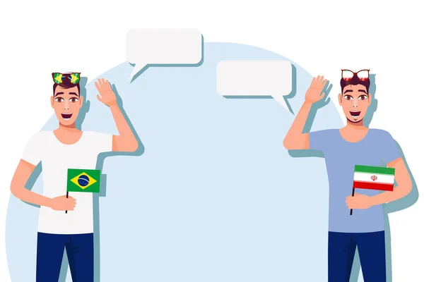 Homens Com Bandeiras Brasileiras Iranianas Antecedentes Para Texto Comunicação Entre —  Vetores de Stock